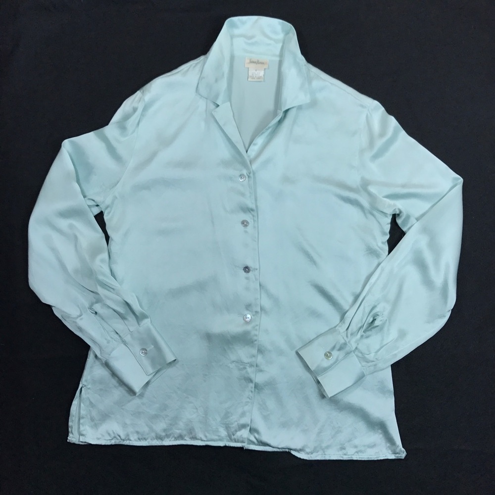 Neiman Marcus light teal silk button up shirt
