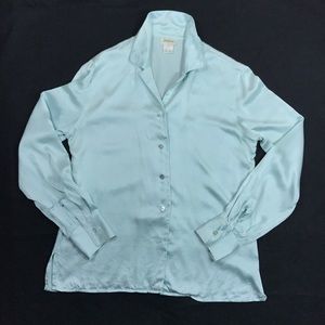Neiman Marcus light teal silk button up shirt