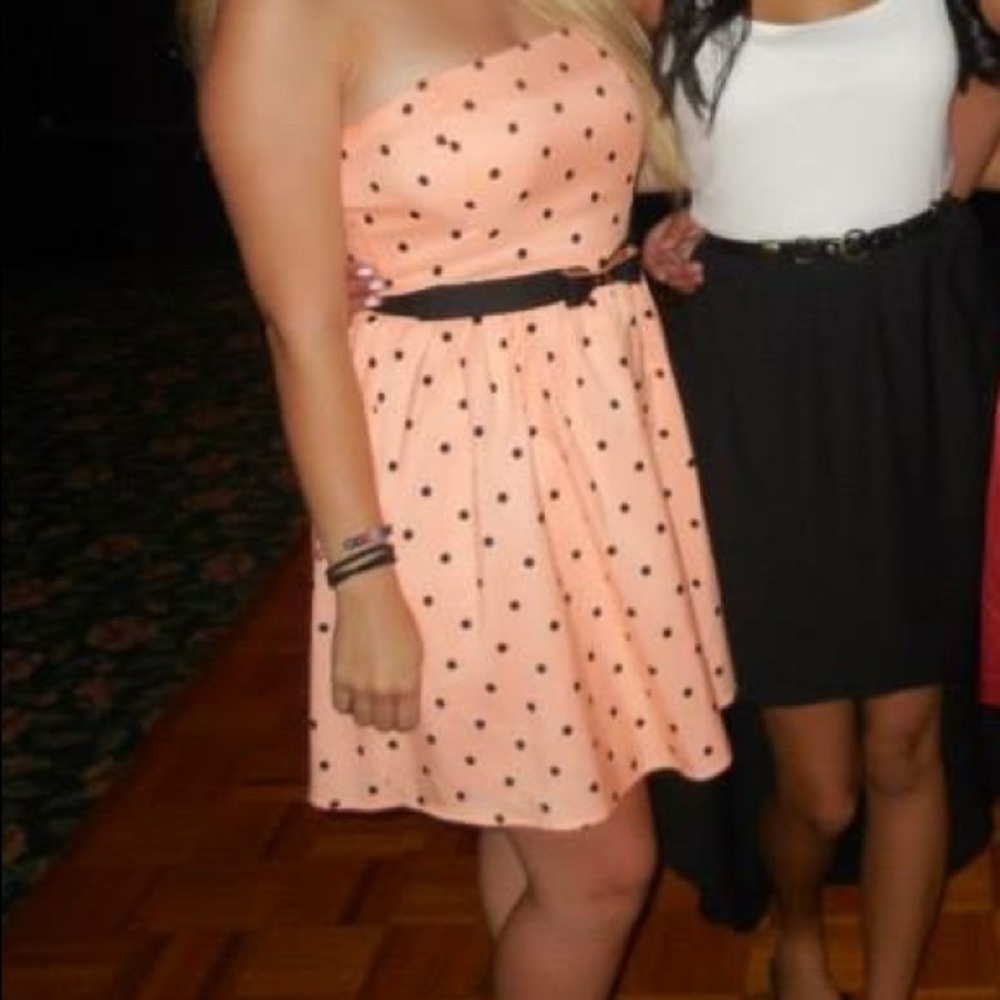 Peach polka dot strapless dress