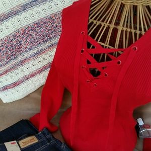 Red Ribbed Sweater with Lace Up Front 3/4 Sleeves
