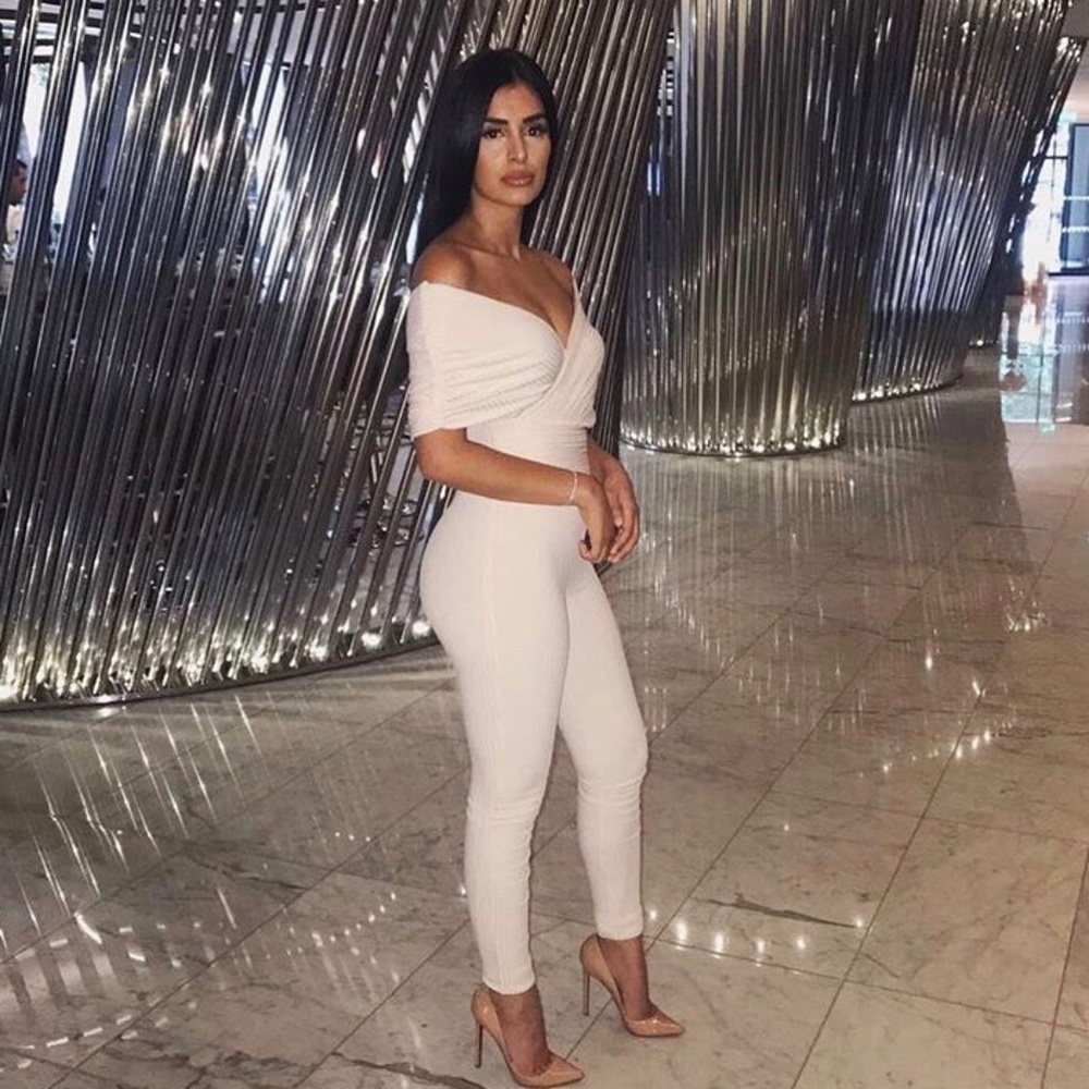 Off the shoulder light pink jumpsuit