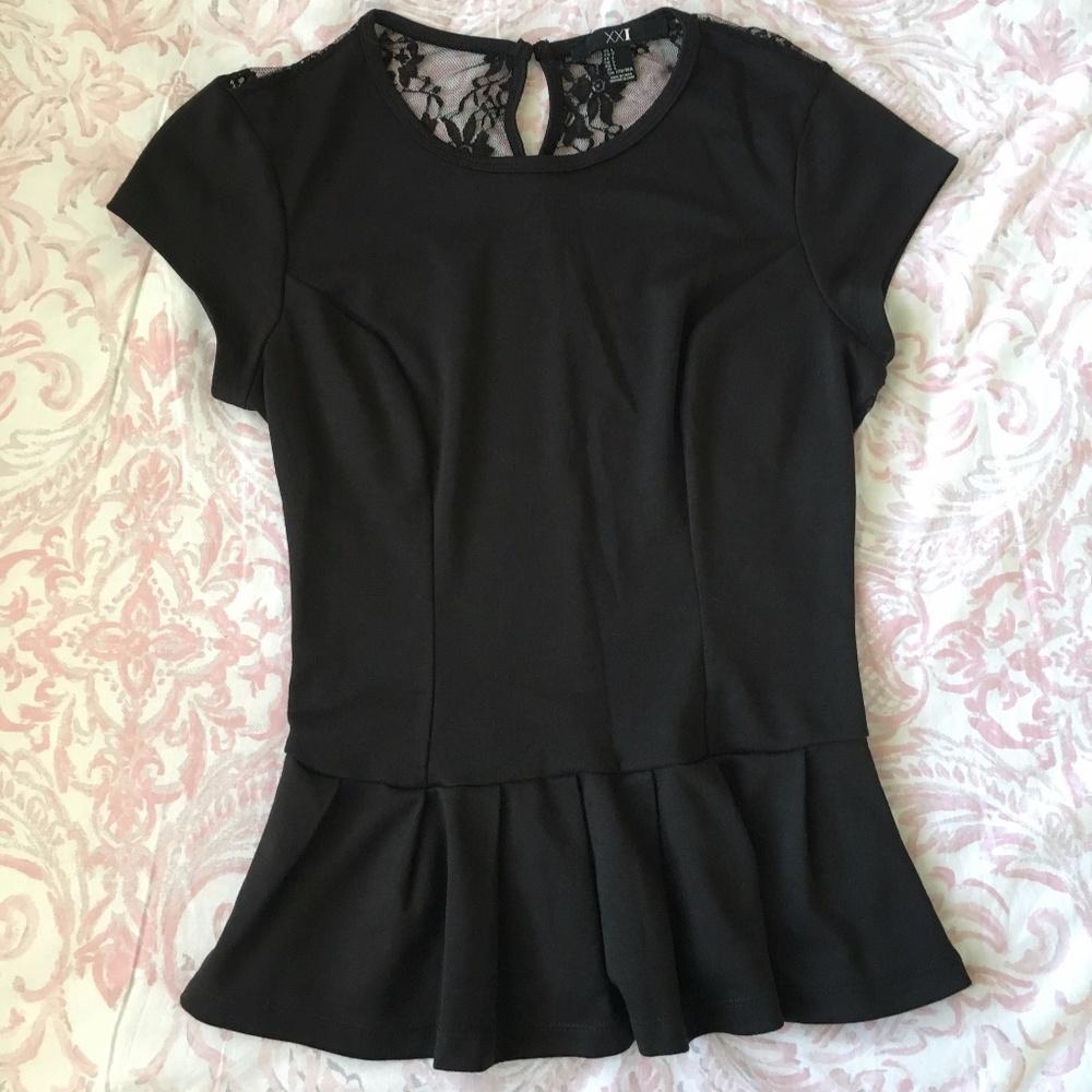 Black Peplum Lace Back Top
