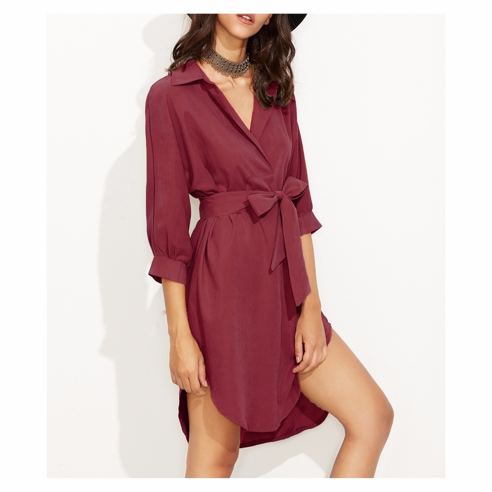 ❗️Burgundy Red 3/4 Sleeve Curved Hem Shirt Dress - Picture 2 of 4