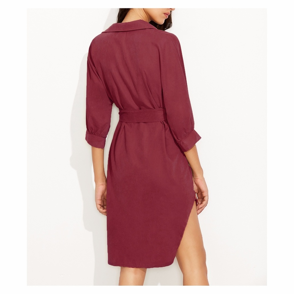 ❗️Burgundy Red 3/4 Sleeve Curved Hem Shirt Dress - Picture 4 of 4
