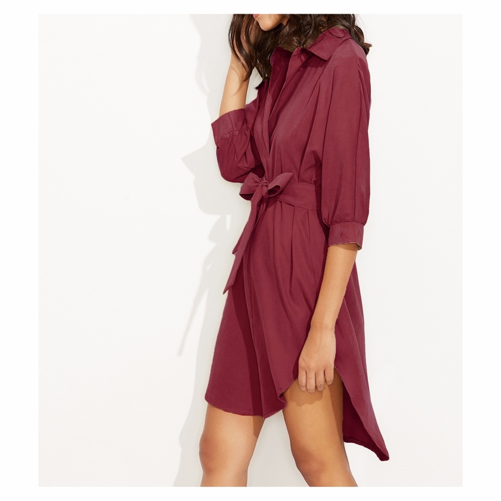 ❗️Burgundy Red 3/4 Sleeve Curved Hem Shirt Dress - Picture 3 of 4