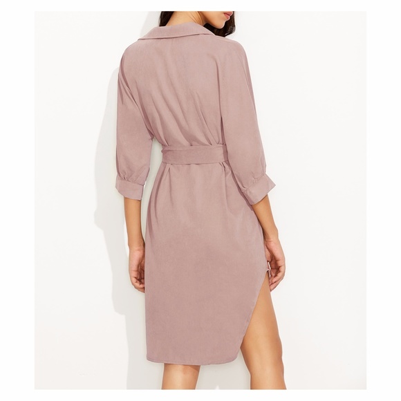 ❗️Dusty Pink 3/4 Sleeve Curved Hem Shirt Dress - Picture 4 of 7