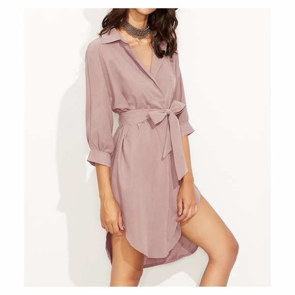 ❗️Dusty Pink 3/4 Sleeve Curved Hem Shirt Dress - Picture 2 of 7