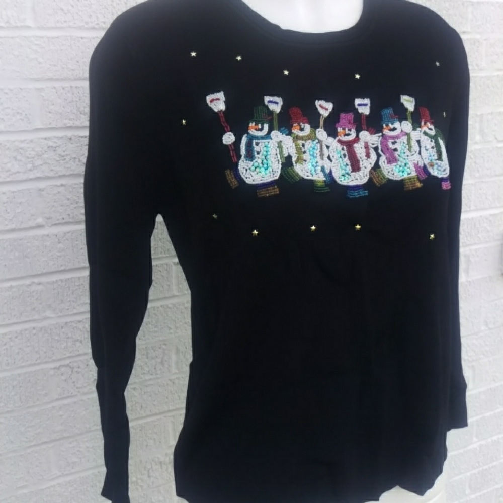 Lisa International Xmas black L beaded snowman