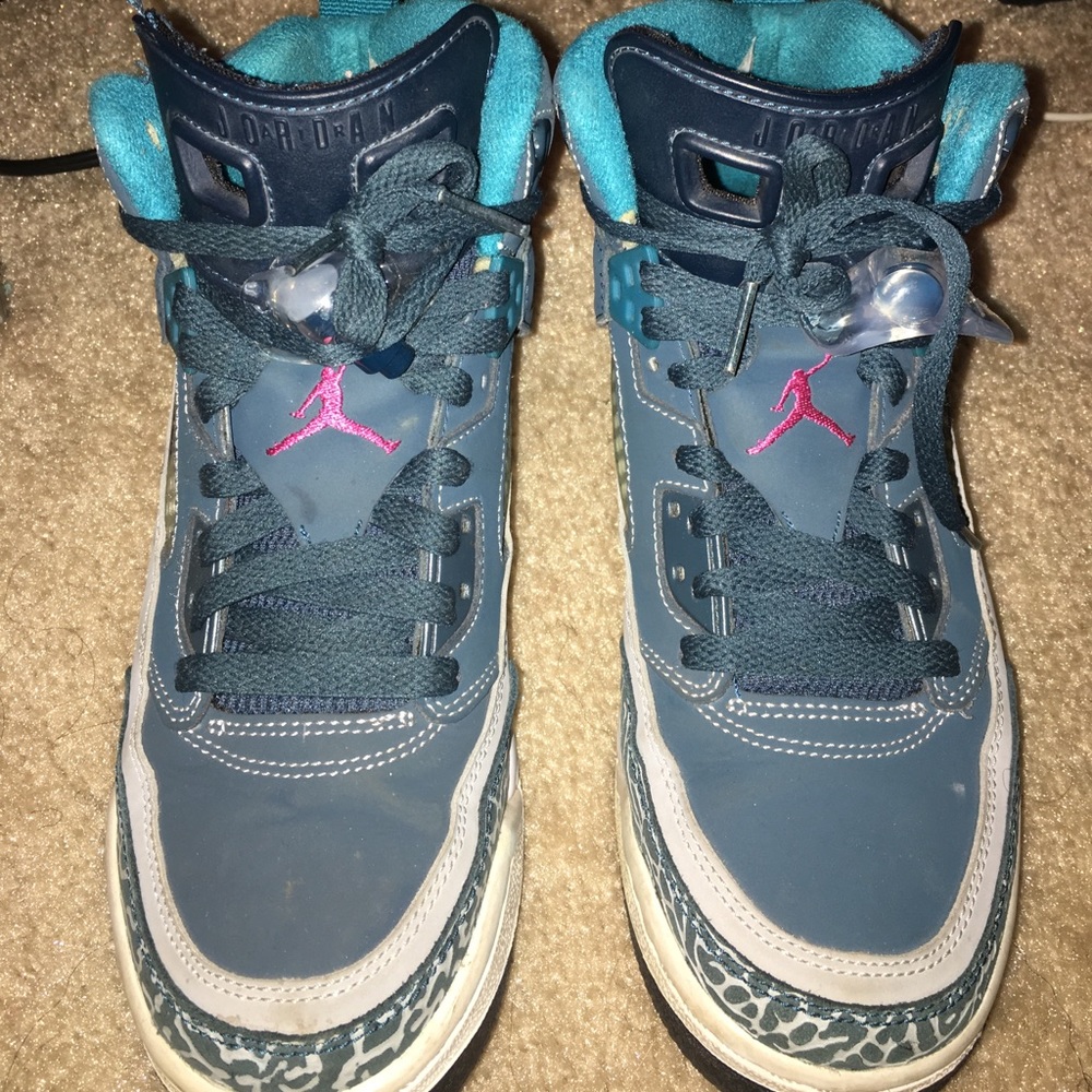 Blue, teal, and pink Jordan spizikes