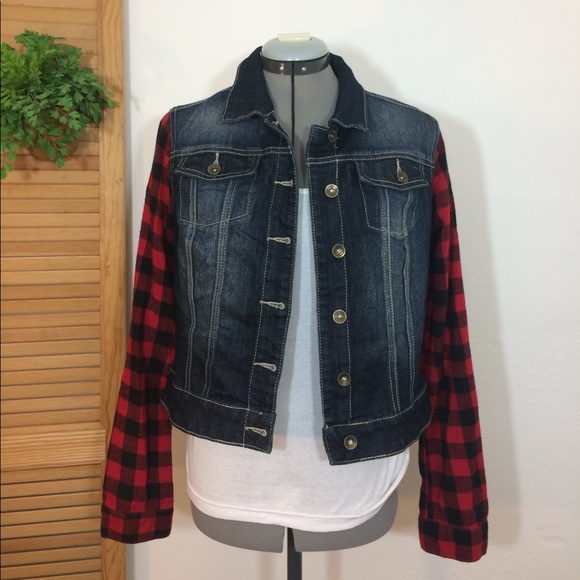 jean jacket with plaid sleeves