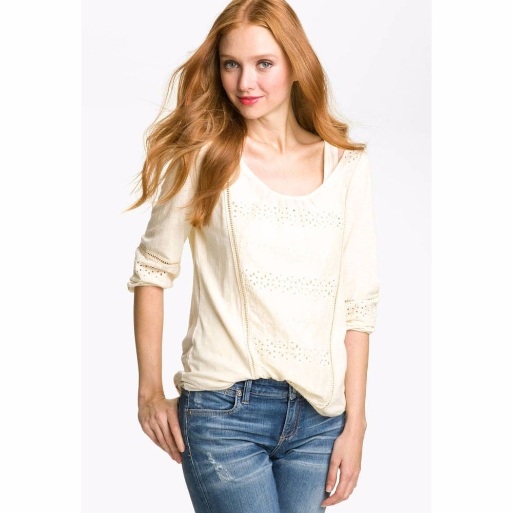LUCKY BRAND Cream Eyelet Lace Insert Chloe Top S - Picture 2 of 8