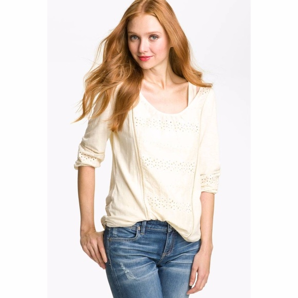 LUCKY BRAND Cream Eyelet Lace Insert Chloe Top S - Picture 2 of 8