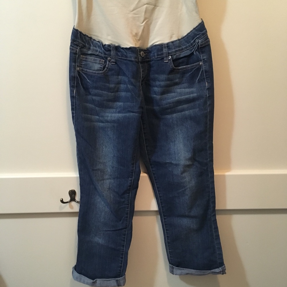 Lilac brand denim capris with maternity panel.