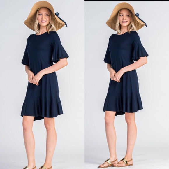 Navy Ruffled Sleeve Dress - Picture 2 of 2