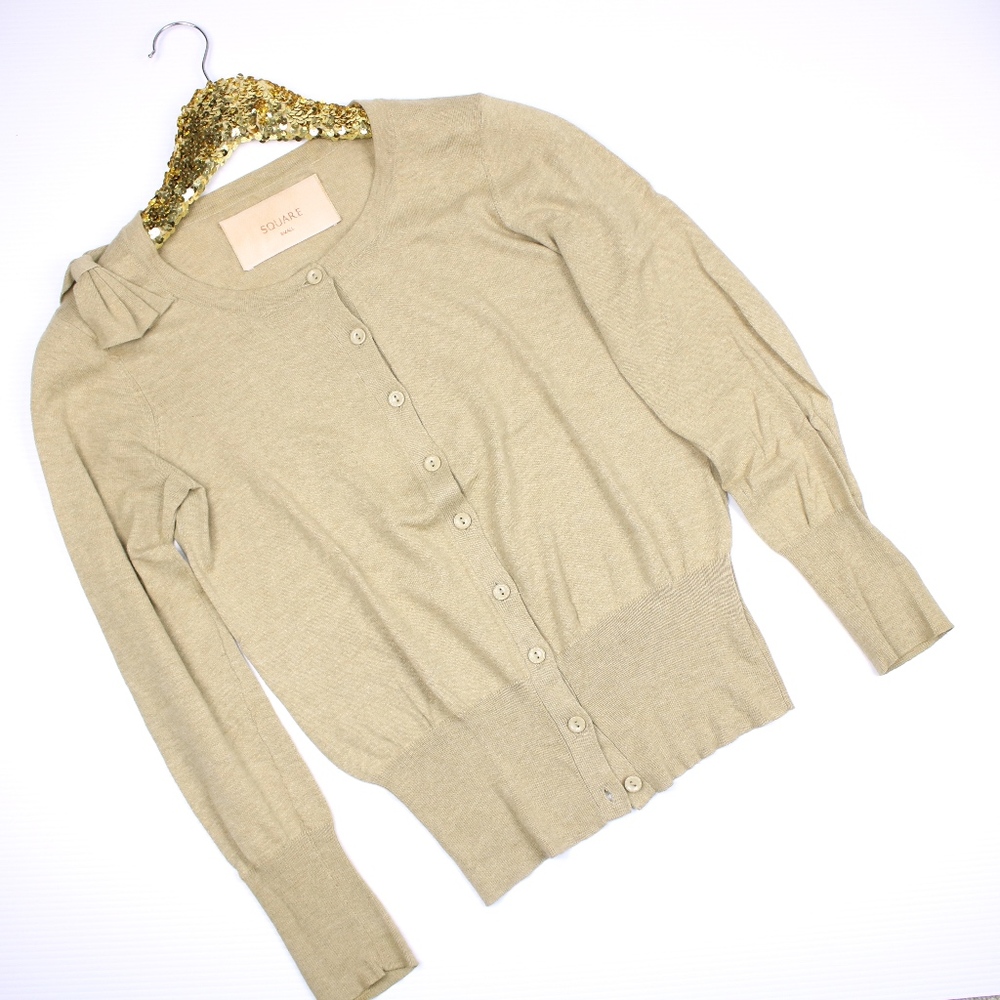 Square Beige Button Down Cardigan Side Bow