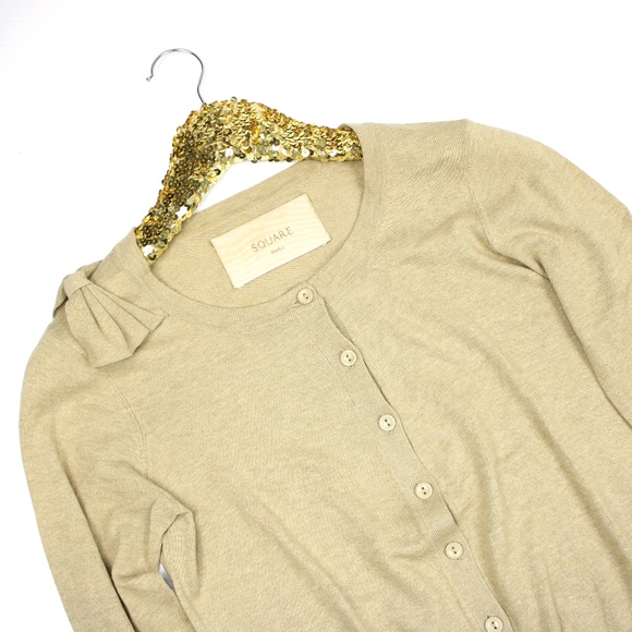 Square Beige Button Down Cardigan Side Bow - Picture 2 of 4