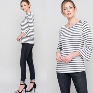 Gray and White Ruffled Bell Sleeve Striped Top