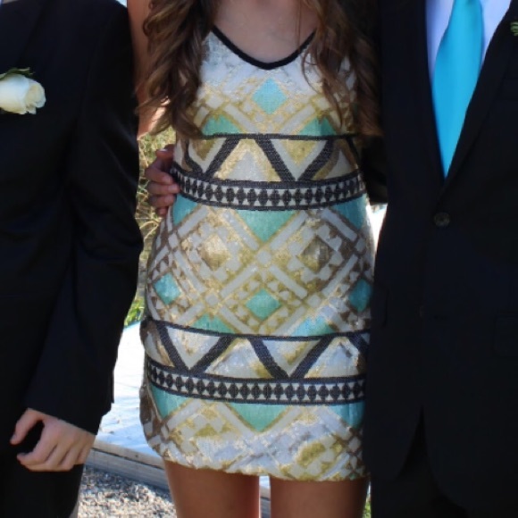 Sequin teal & gold mini dress - Picture 1 of 4