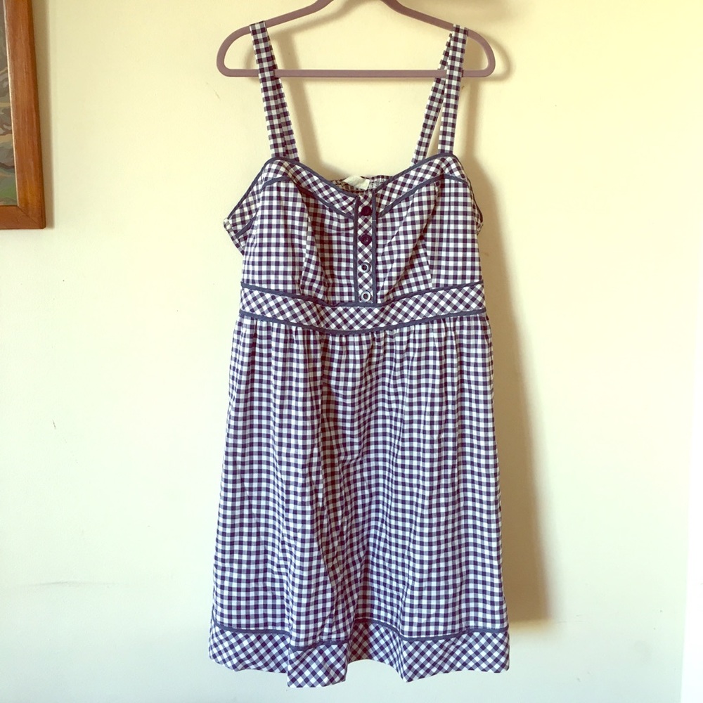 Navy Blue Gingham Dress with Smocked Back