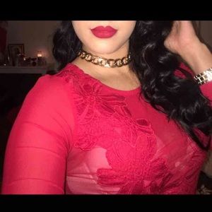 Red mesh body suit w/ floral print