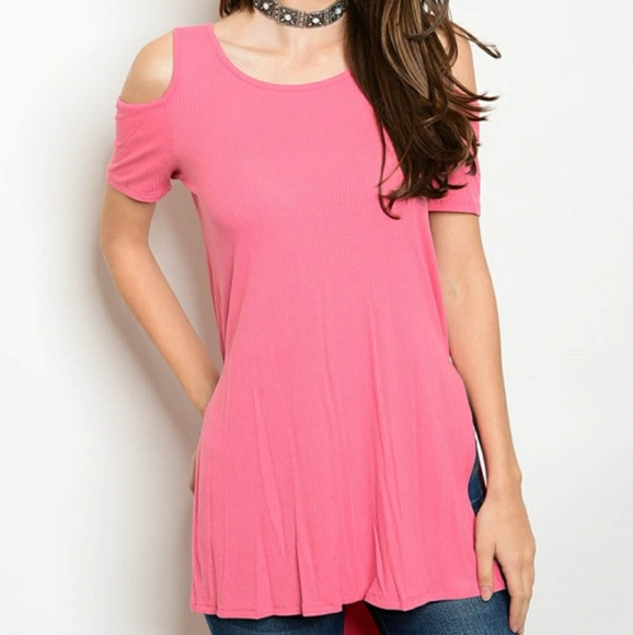 ☀ Blush Cold Shoulder Long Back Ribbed Tunic Top - Picture 3 of 4