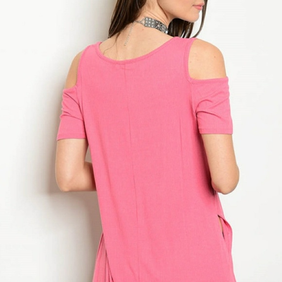 ☀ Blush Cold Shoulder Long Back Ribbed Tunic Top - Picture 4 of 4