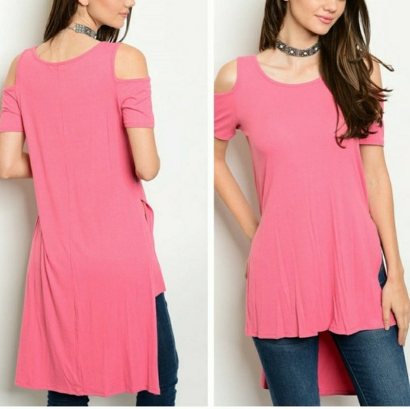 ☀ Blush Cold Shoulder Long Back Ribbed Tunic Top - Picture 2 of 4