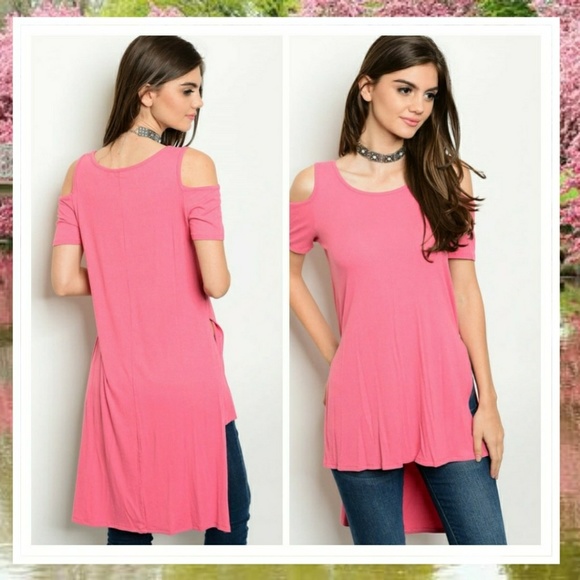 Tops - ☀ Blush Cold Shoulder Long Back Ribbed Tunic Top