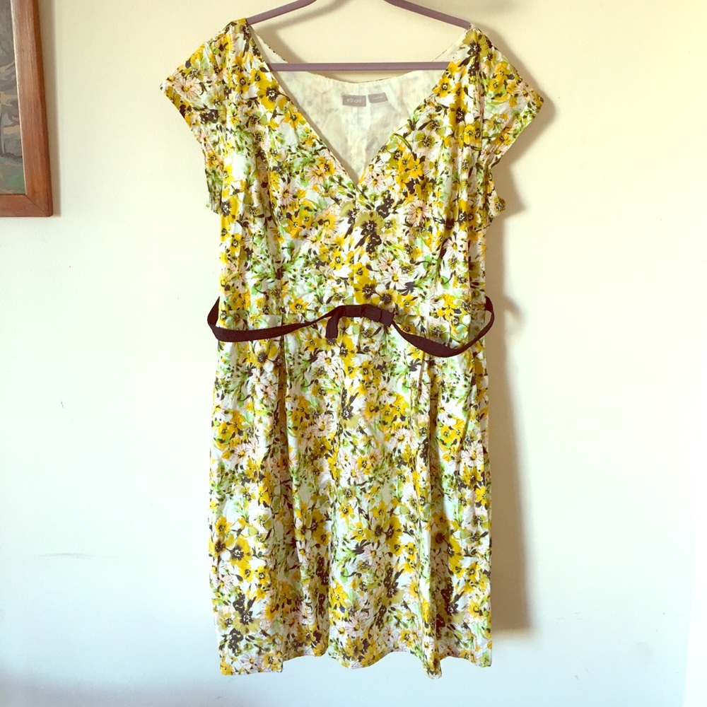 Yellow Floral Midi Dress with Pockets