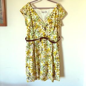 Yellow Floral Midi Dress with Pockets