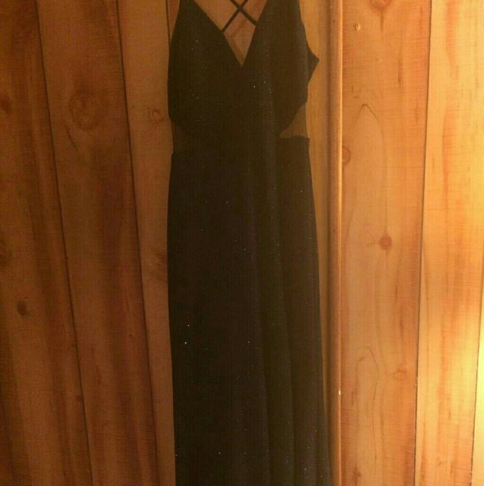 Low back navy blue sparkle floor length dress