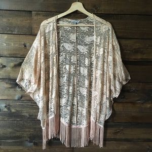 Blush Peach Colored Lace & Fringe Kimono