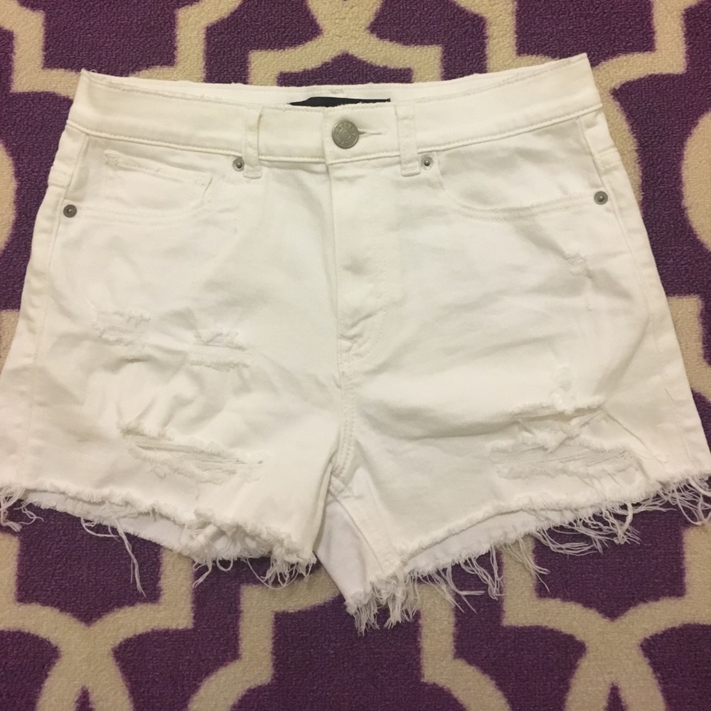 Express Distressed High Waist White Denim Shorts