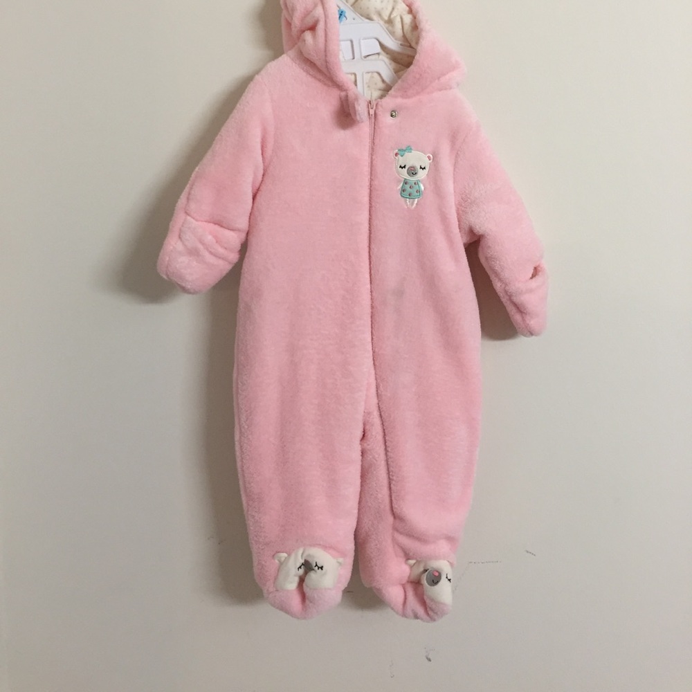 Little Wonders fuzzy pink footed&hooded outwear