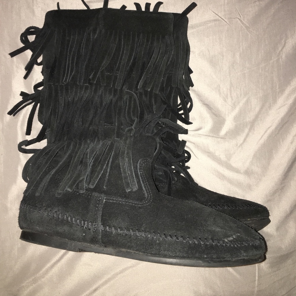 Black 3 layer fringe Minnetonka boots