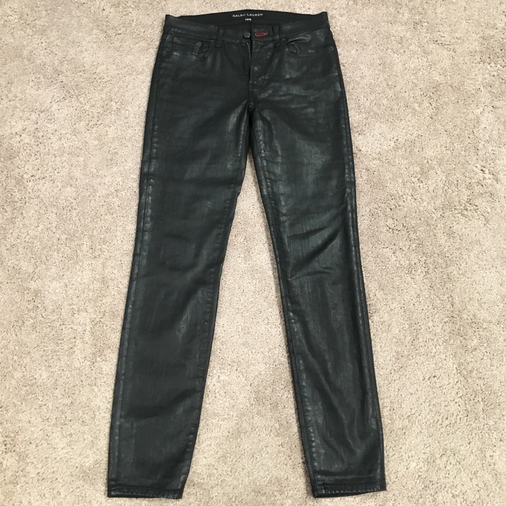 Wax coated black skinny jeans
