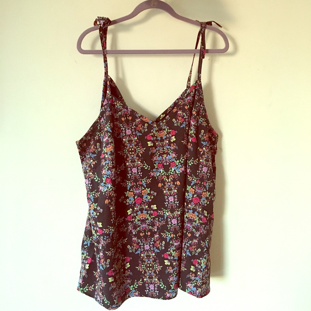 Silky Floral V-Neck Tank Top with Tie Straps