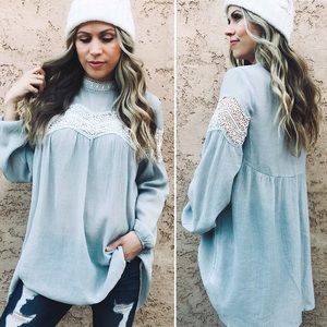 LAST 1! Light Blue Lace Detail Blouse