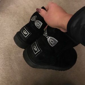 Short black uggs with rhinestone bow