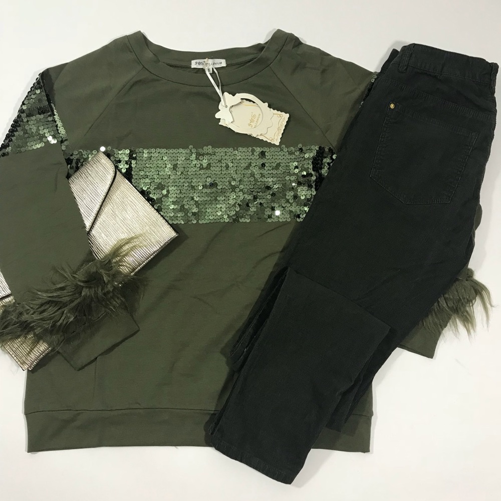 SALE Sequin/Faux Fur trim Sweater