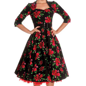 Black and Red Floral 3/4 Sleeve Swing Dress