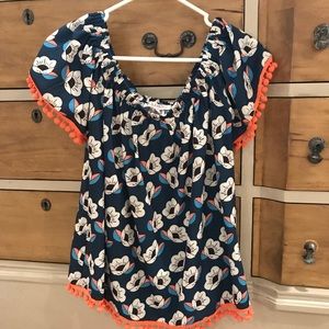Joy joy floral off the shoulder Pom Pom top