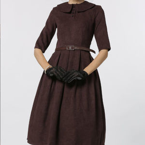 NWT: Retro Belted Brown Peter Pan Collar Dress