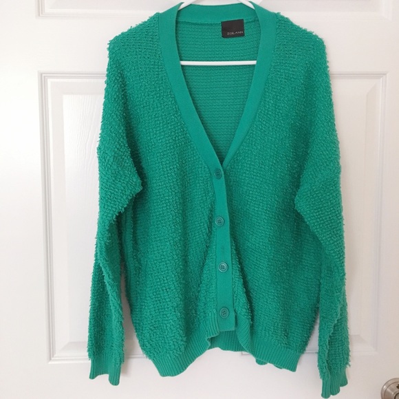 fluffy green cardigan