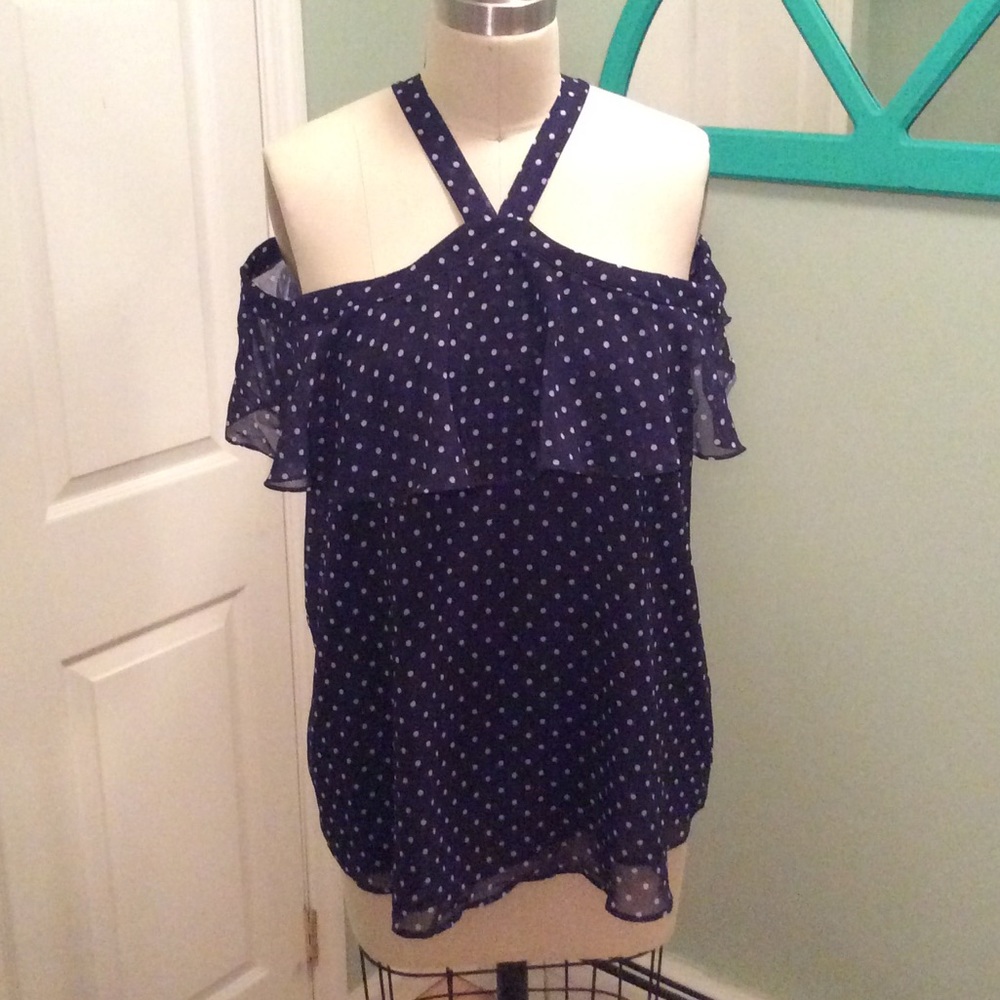 Navy Polka Dot Cold Shoulder Halter Blouse