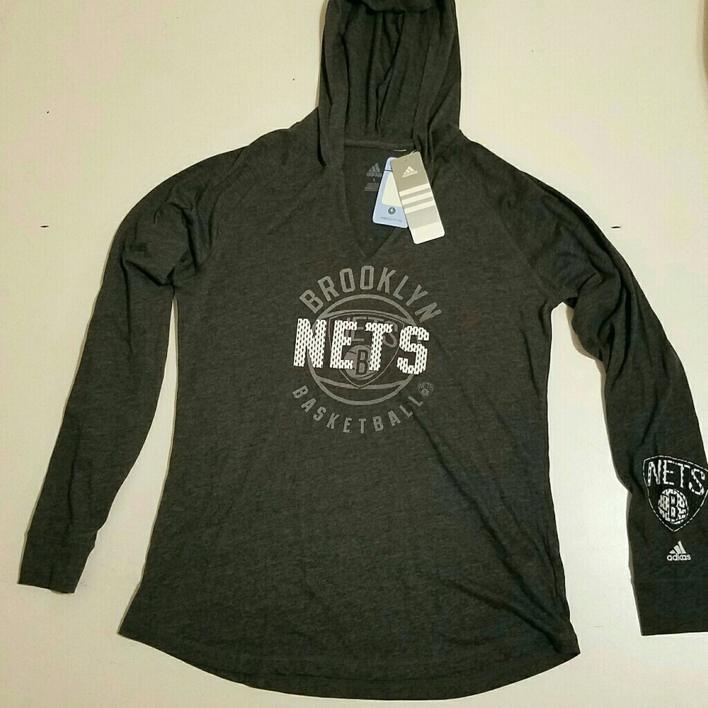 NWT Authentic NBA Nets Adidas hooded fitted shirt