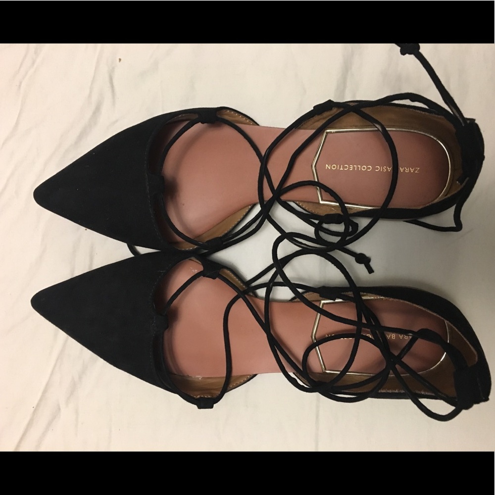 Zara lace up black suede pointed toe flats