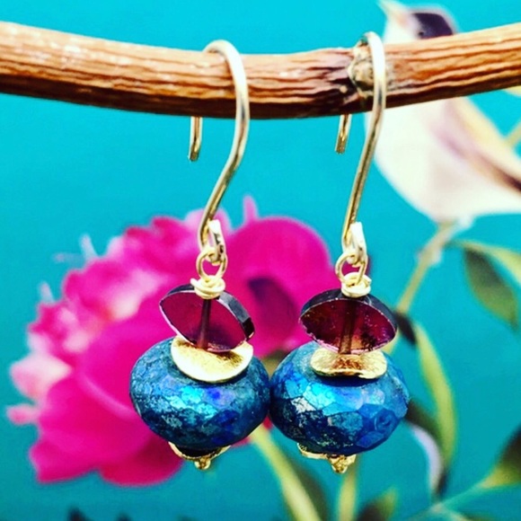 Matana blue Chrysocola & garnet handmade earrings - Picture 2 of 5