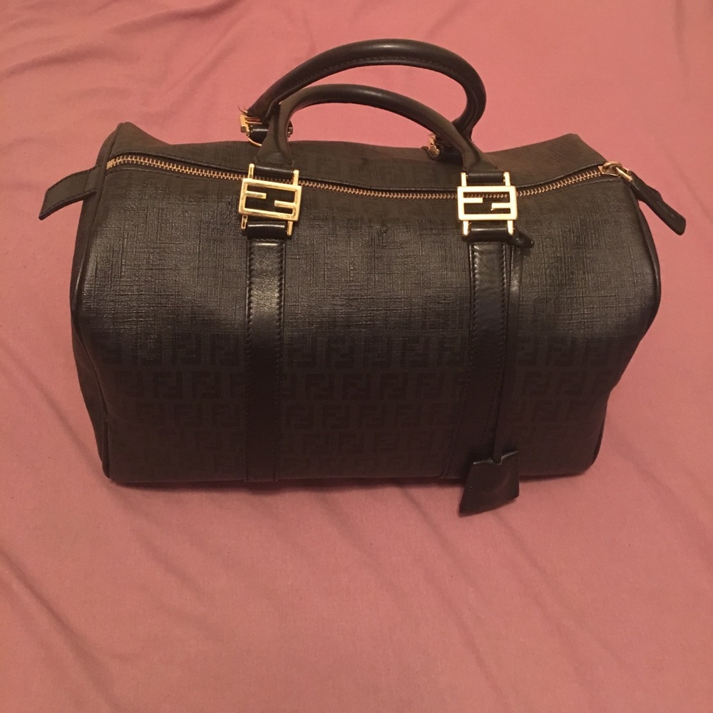 Fendi Black Zucchino Canvas Forever Boston Bag
