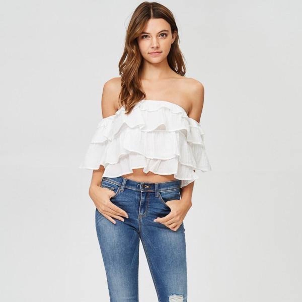 NEW Women Off Shoulder Solid Ruffles Crop Top